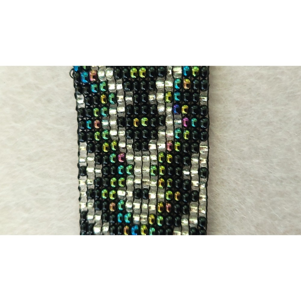 Geometric Seed Bead Bracelet Black Silver Iridescent Woven Cuff 7in 11g